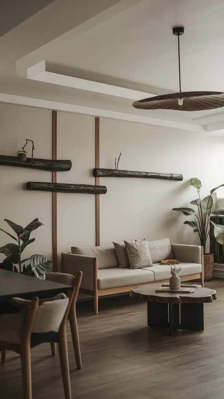 This minimalist sanctuary harmoniously blends clean lines, natural wood, and organic textures to create a sophisticated yet inviting retreat.