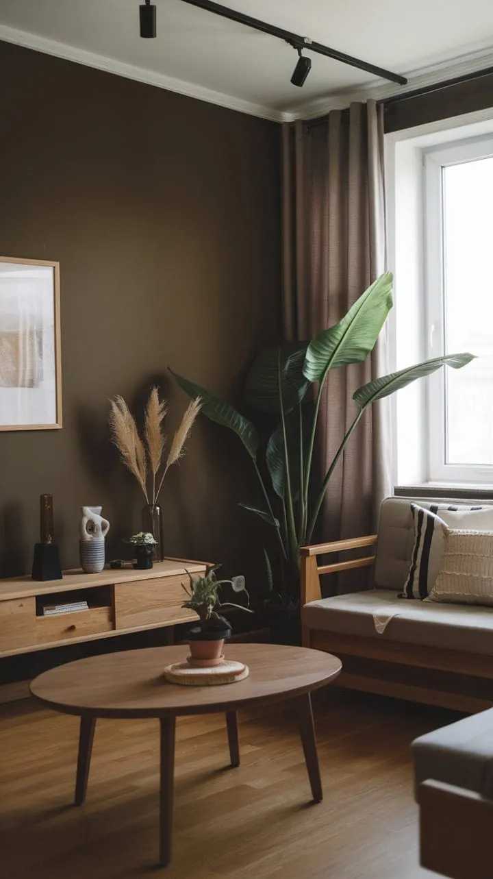 This one-bedroom apartment masterfully blends thoughtful design and natural elements to create a tranquil sanctuary, where dark walls and warm wood tones harmonize beautifully in a compact space.