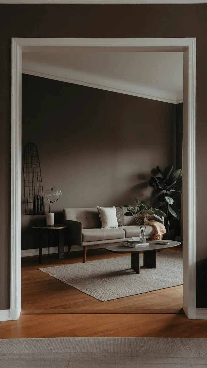 In a sanctuary of calm, dark grey walls and organic textures harmonize with modern minimalism, showcasing a refined aesthetic that celebrates the beauty of simplicity.