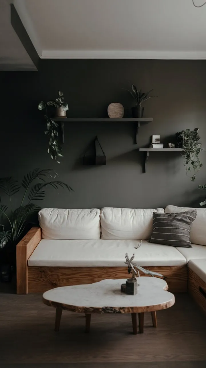 In this minimalist one-bedroom apartment, dark grey walls and organic textures harmonize with white furnishings and greenery, crafting a stylish sanctuary of serenity.