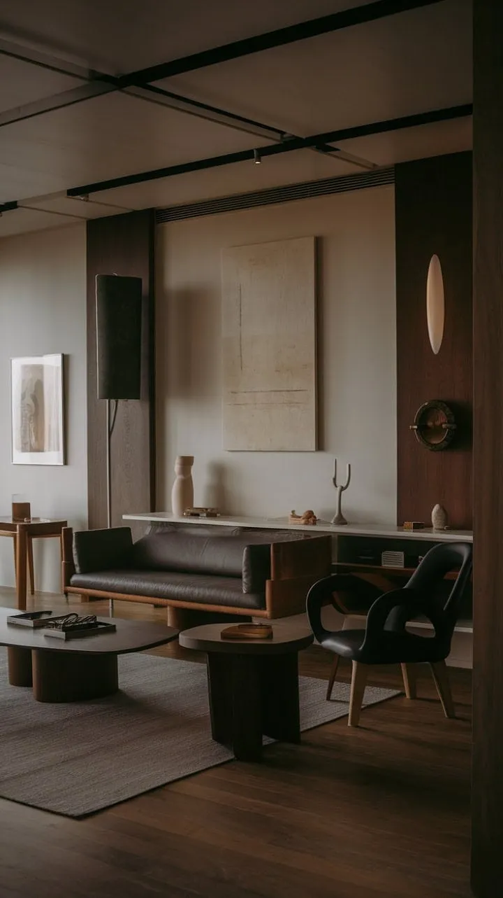This one-bedroom apartment masterfully blends a dark color palette with rich wood accents, creating a sophisticated and inviting minimalist haven.