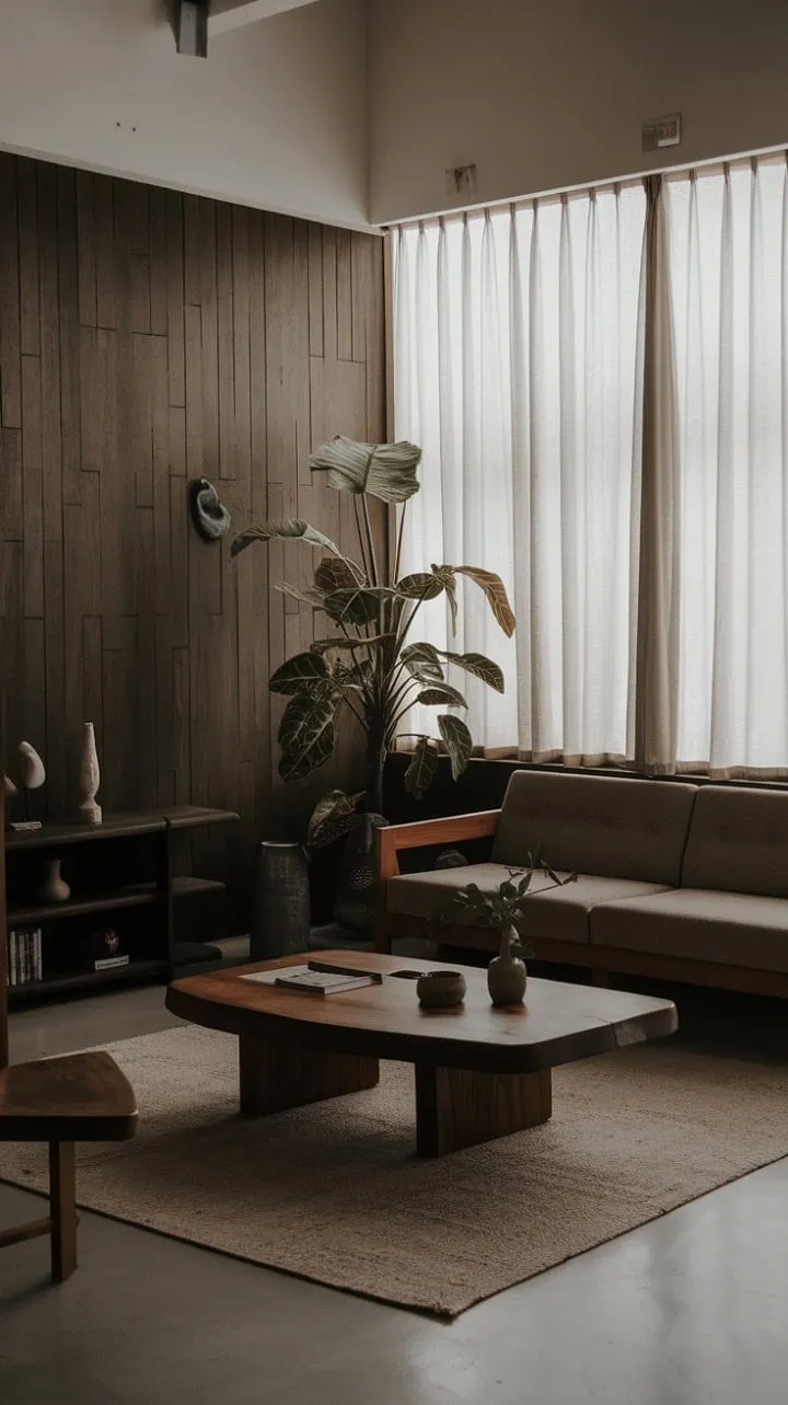 This minimalist sanctuary harmoniously blends grounding dark wood with airy textures, exuding a quiet sophistication in every detail.