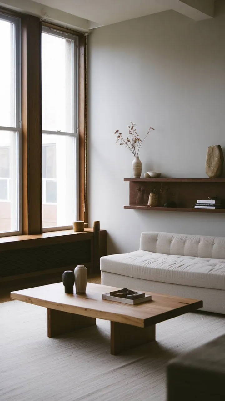 This one-bedroom apartment exemplifies cozy minimalism with its serene blend of light grey walls, rich wood tones, and thoughtfully curated decor, proving that less can indeed be more.