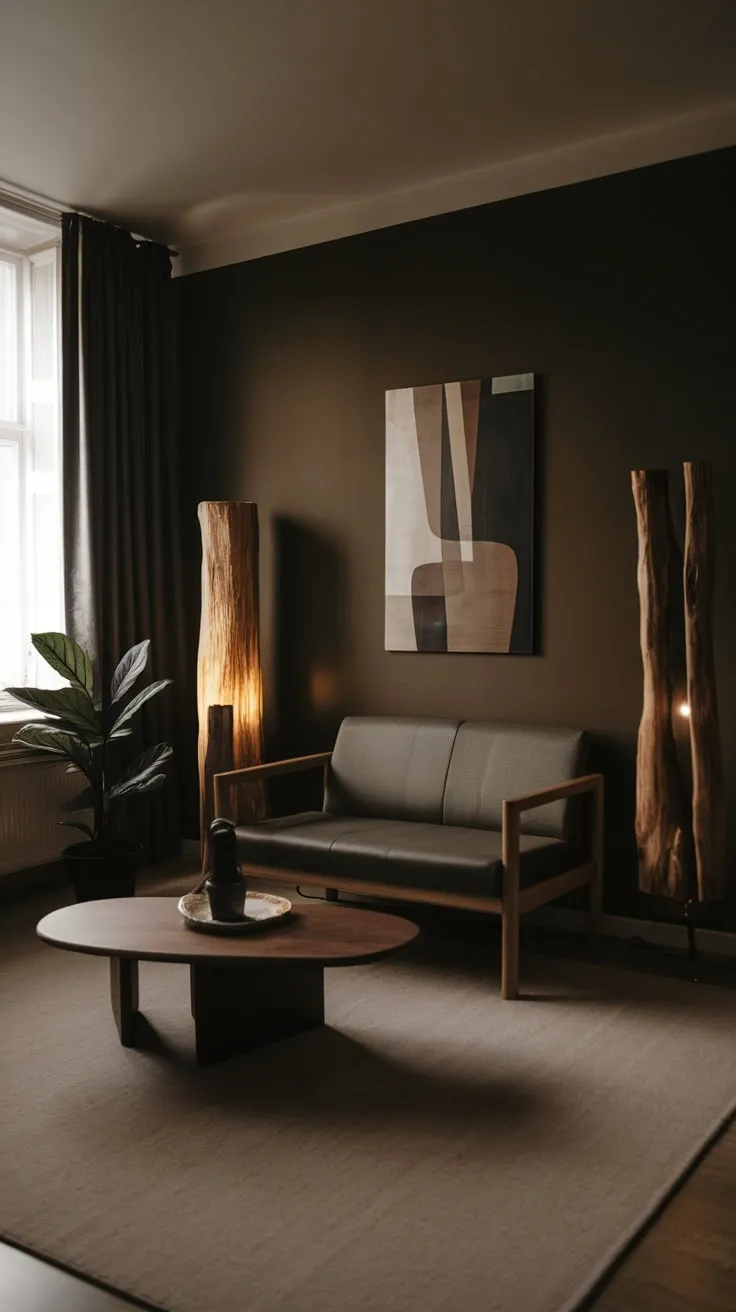Dark walls and wood accents create a cozy yet minimalist living room in a small apartment, featuring a sofa, coffee table, and a touch of greenery.