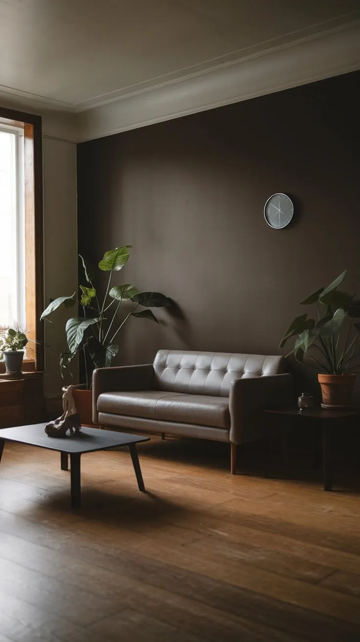 Dark walls and sparse organic furniture create a sophisticated minimalist living room sanctuary