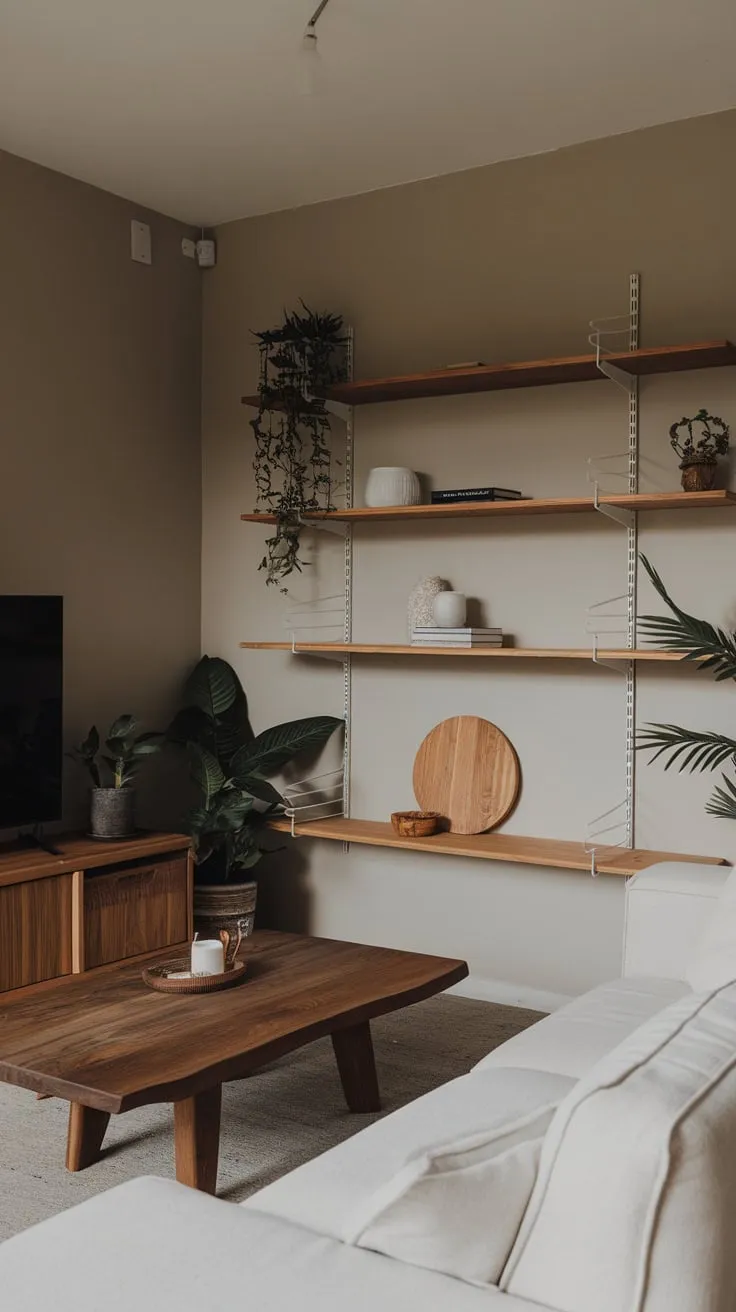 Warm wood tones and a white sofa create a calming atmosphere in this small yet stylish minimalist living room.