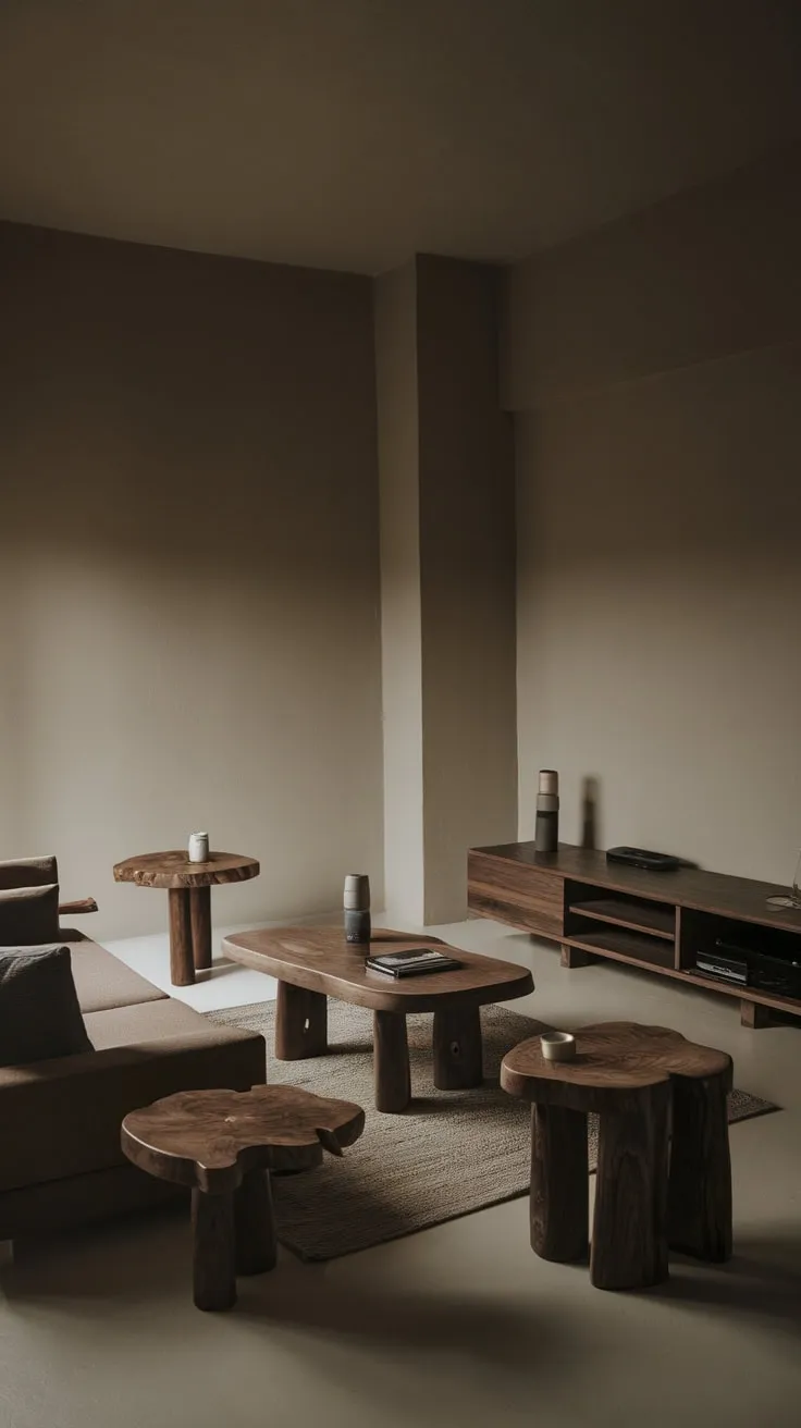 Soft lighting illuminates a serene minimalist living room, showcasing dark organic modern furniture and a neutral palette in a compact space