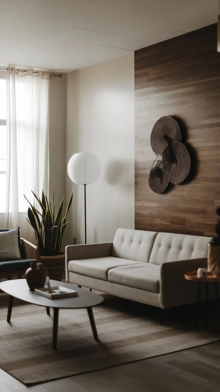 Clean lines and natural elements create a calming atmosphere in this small yet stylish minimalist living room.