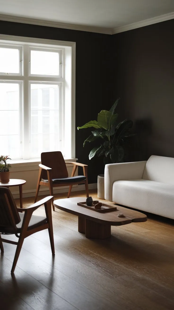 Clean lines and natural materials define this minimalist living room's dark and calming aesthetic.