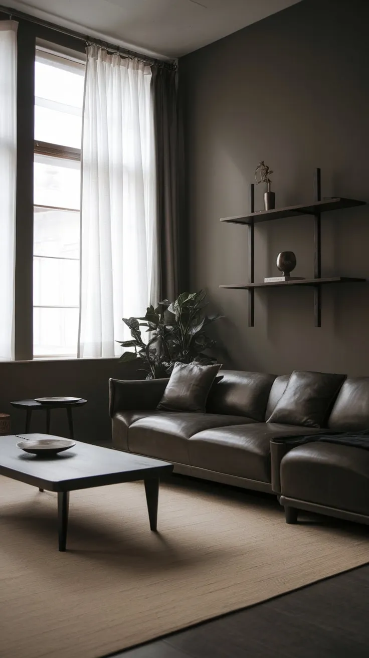 A cozy and stylish one-bedroom apartment boasts a minimalist living room featuring a dark grey palette and natural wood elements.