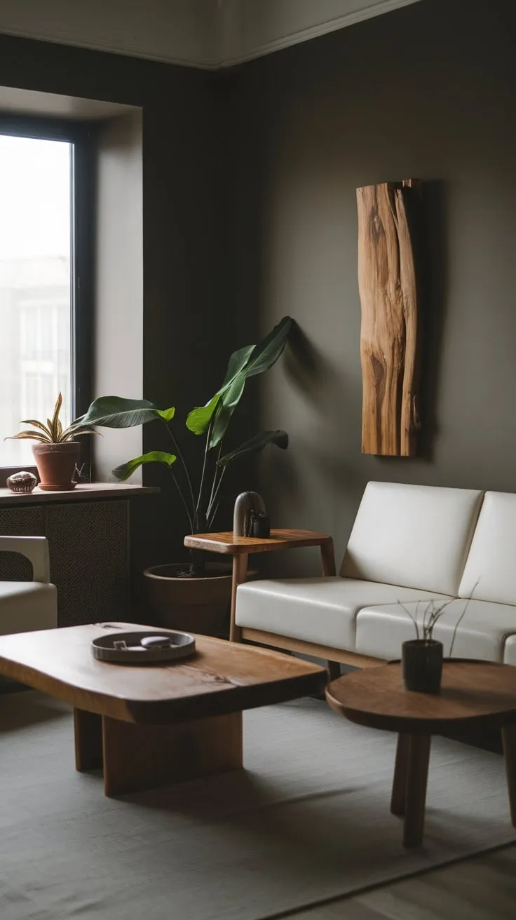 Dark gray walls and wood elements define a minimalist living room in a small apartment, showcasing a serene and stylish modern design with simple furniture.