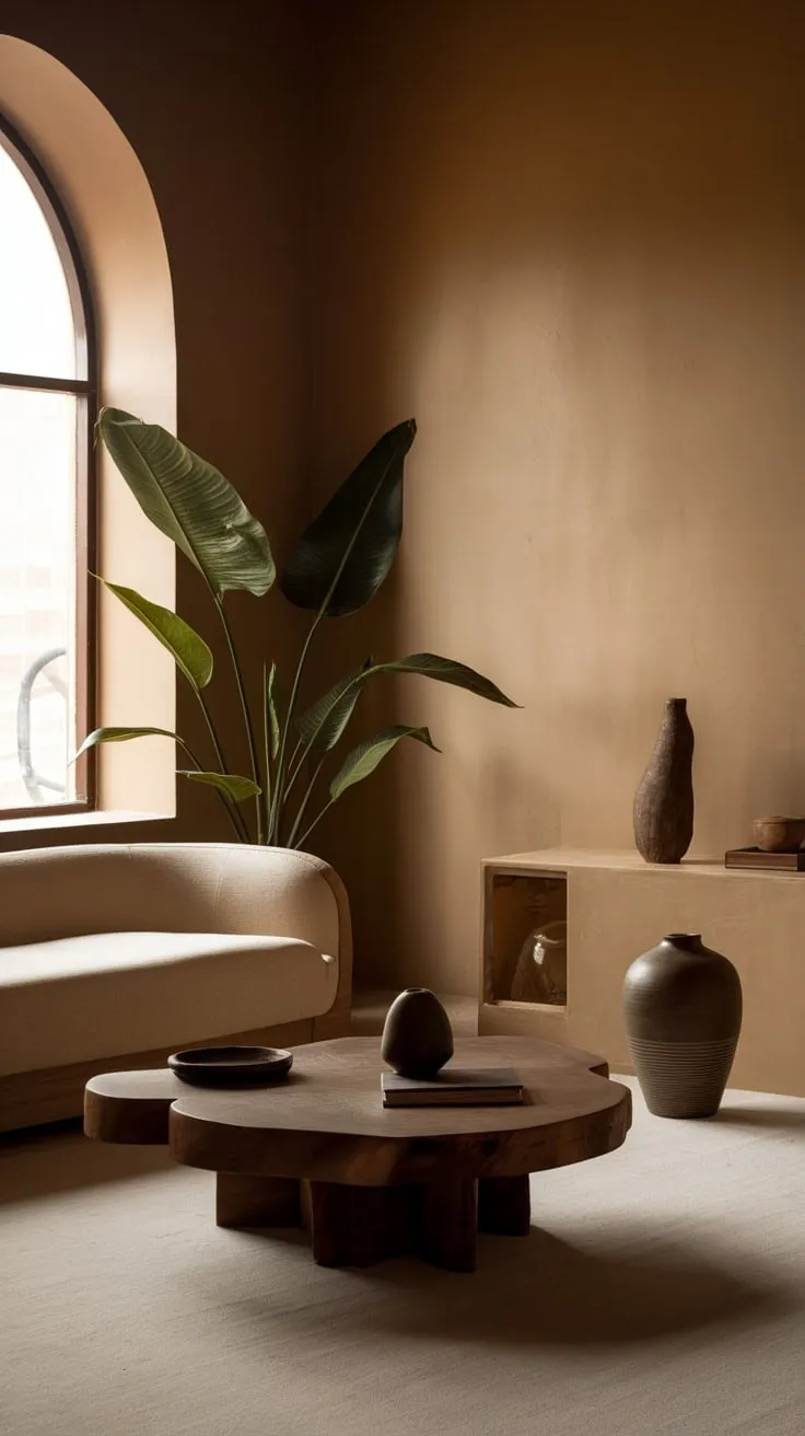 Warm beige walls, a beige sofa, and a few carefully chosen natural elements create a serene minimalist living room.