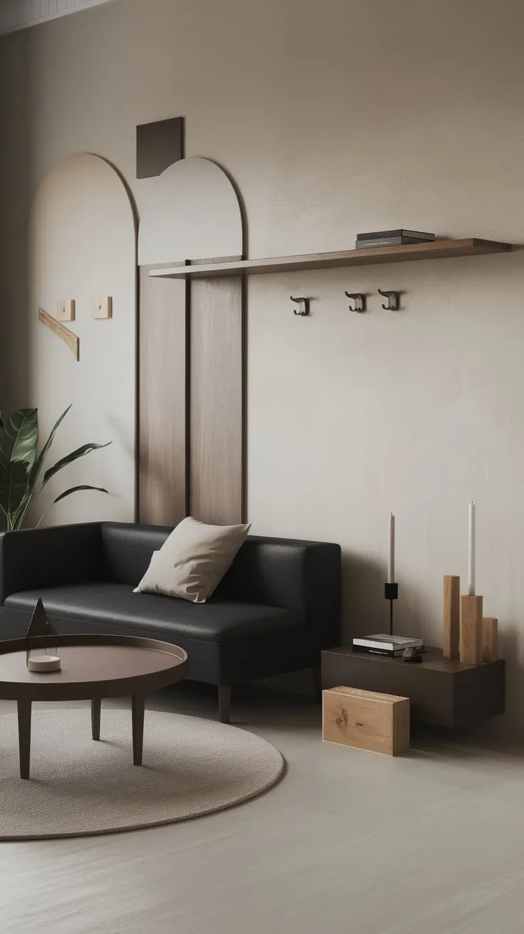 Subtle gray tones and natural wood accents create a serene minimalist living room with functional furniture and minimal ornamentation.
