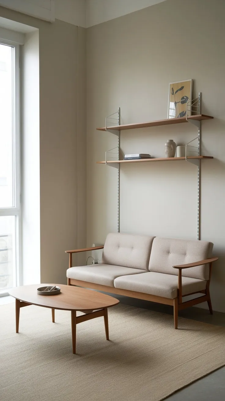 A light gray one-bedroom apartment boasts a minimalist living room, maximizing space with simple furniture and natural light.