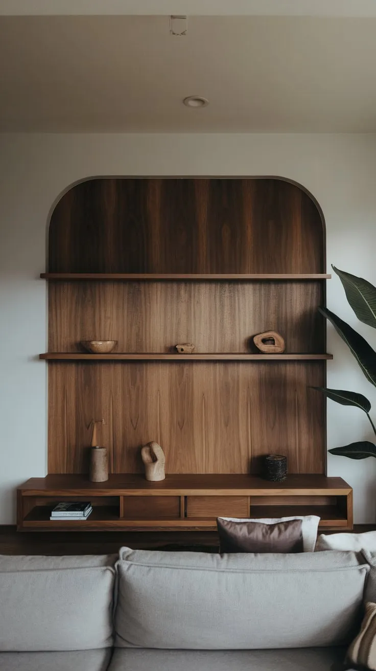 Organic modern design defines this minimalist living room, its simple wooden elements and gray couch creating a calming space within a one-bedroom apartment.