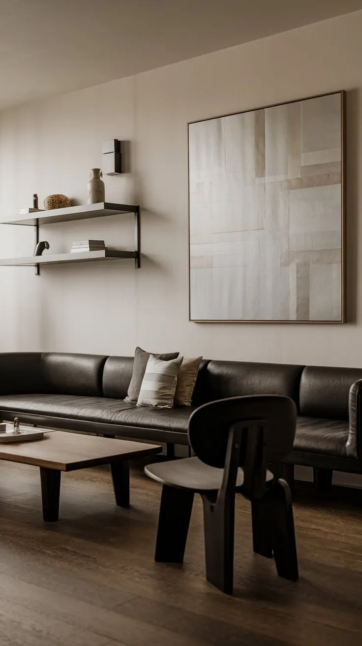 Neutral tones and carefully curated pieces create a serene minimalist living room in a small apartment, showcasing a sophisticated dark organic modern style.