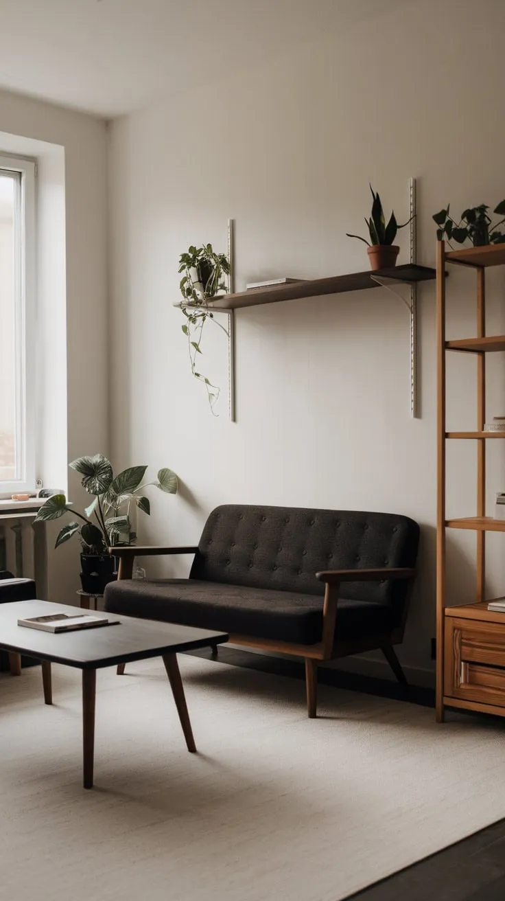 White walls and a simple wooden furniture arrangement create a serene minimalist living room in a one-bedroom apartment.