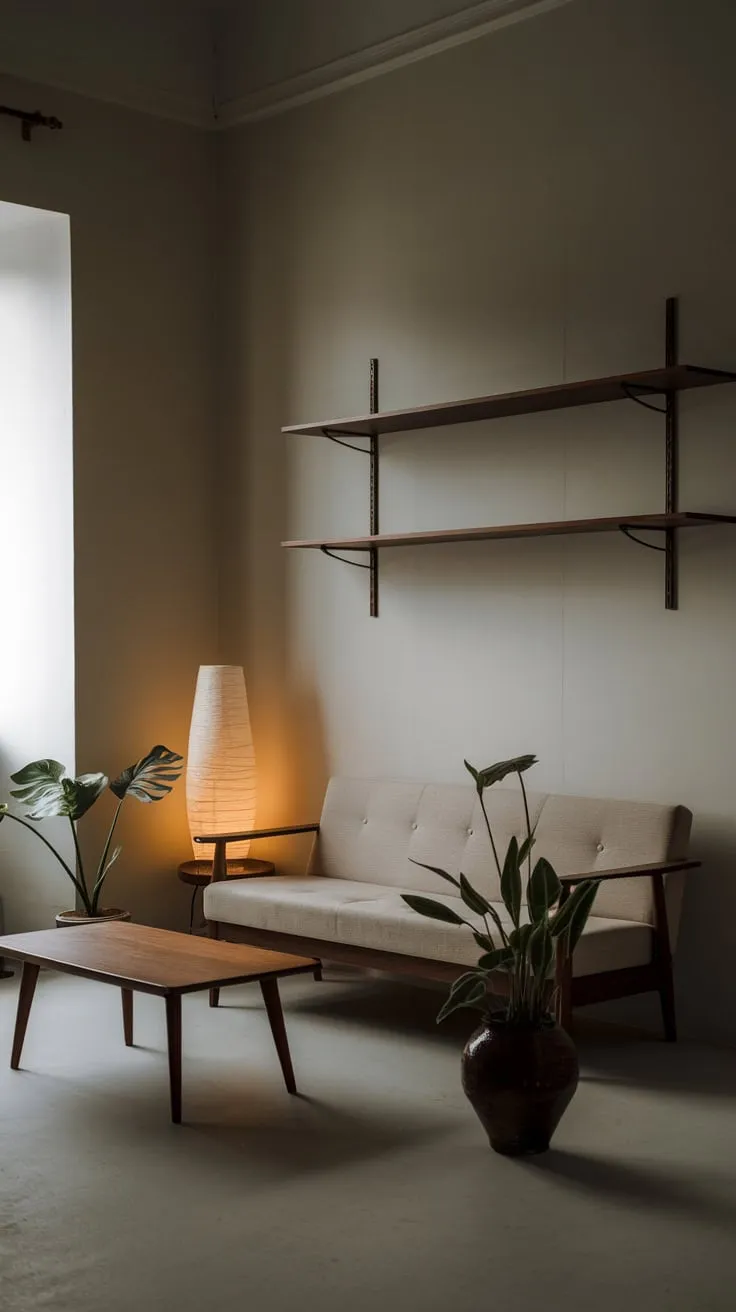 A minimalist one-bedroom apartment boasts a calming living room featuring organic wood elements against a backdrop of white walls.