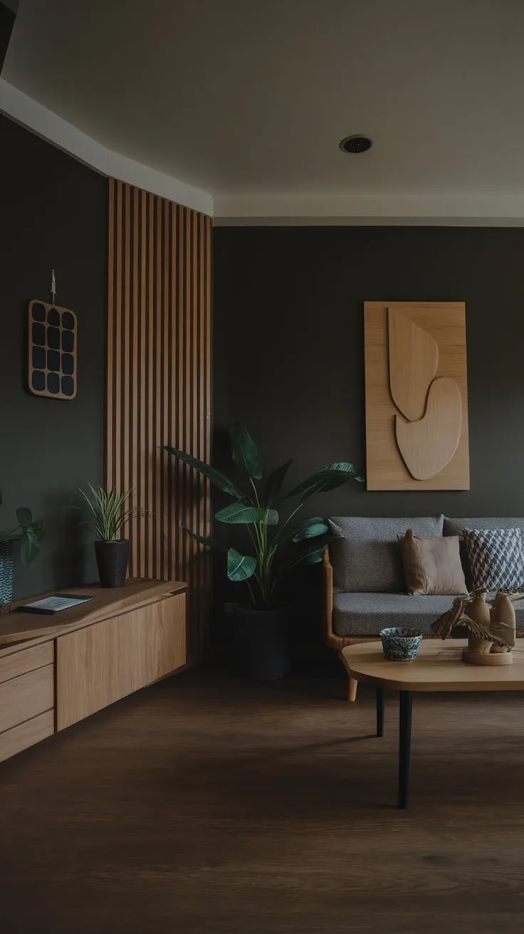 Dark wood accents and a few carefully chosen pieces create a sophisticated minimalist living room in a cozy one-bedroom apartment