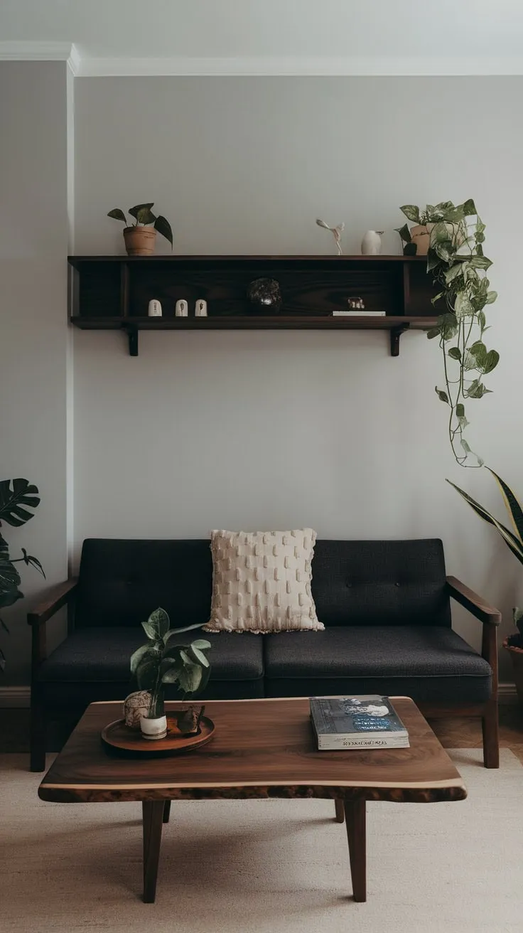 Light gray walls and a dark gray sofa create a calm, minimalist space enhanced by wood elements and a few carefully chosen plants.