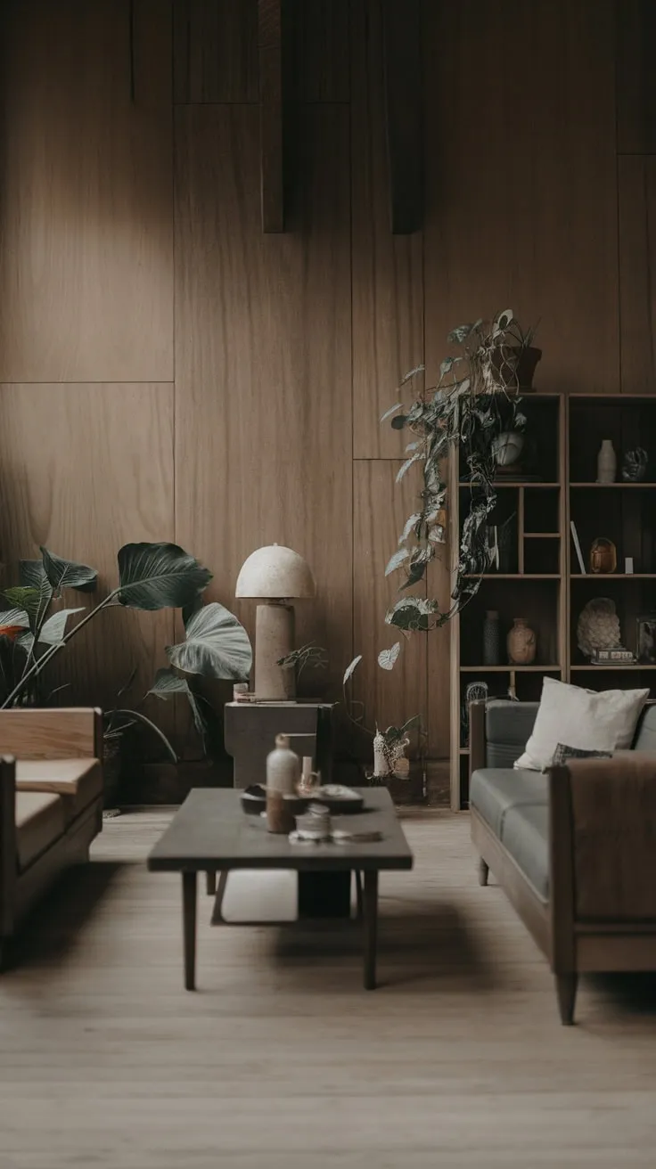 A neutral palette, punctuated by greenery and subtle textures, defines this minimalist living room's calm sophistication.