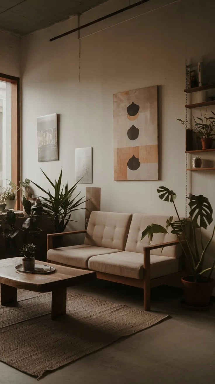 Dark wood accents and a neutral palette create a serene minimalist living room in a cozy one-bedroom apartment