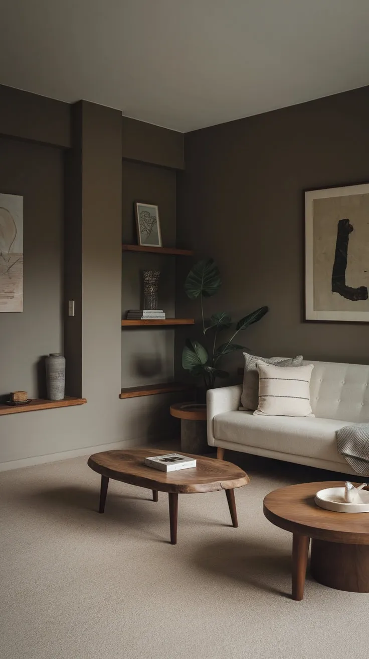 Dark grey walls and beige carpet create a spacious minimalist living room featuring a white sofa, wood accents, and carefully curated art.