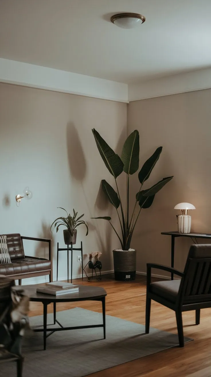 Dark organic decor and a few carefully chosen pieces create a serene minimalist living room in a small space