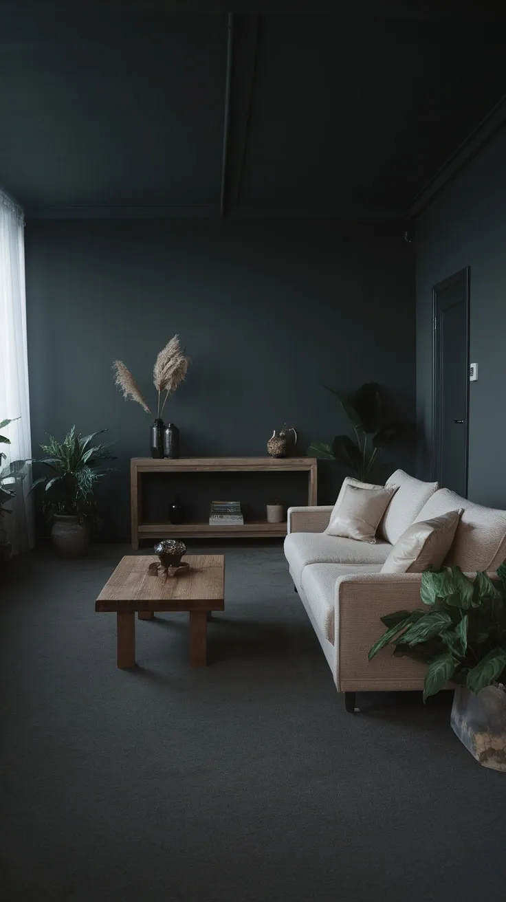 Dark gray walls and a beige sofa create a calming minimalist living room with organic wood accents and pops of green from potted plants