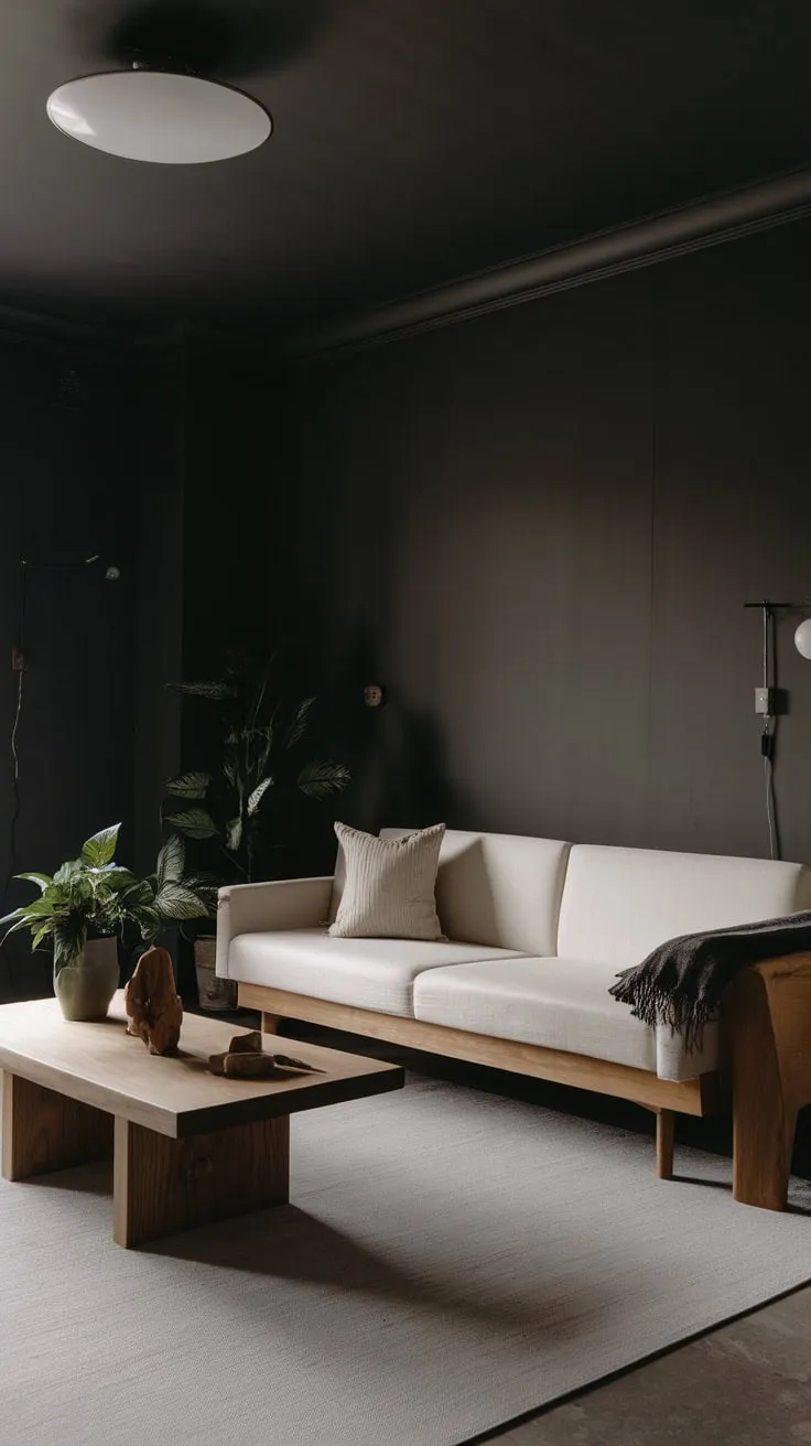 A modern, dark-toned one-bedroom apartment boasts a minimalist living room featuring a white sofa and carefully curated wooden accents against a backdrop of dark gray.