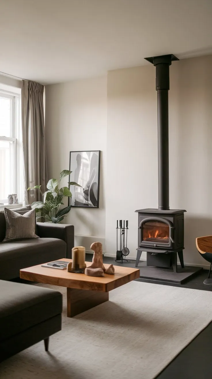 A wood-burning stove anchors a serene minimalist living room, its dark organic modern decor warmed by natural wood and a touch of greenery.
