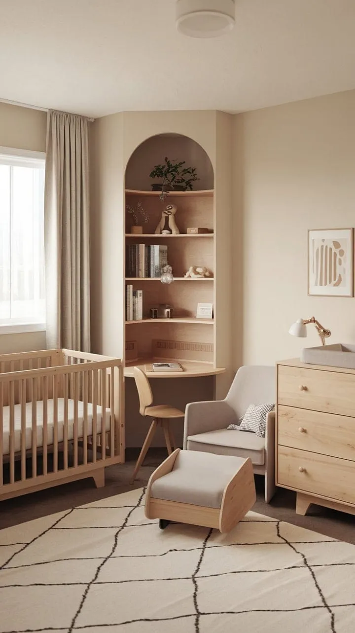 A serene haven where childhood imagination meets parental focus, featuring warm wood furnishings and minimalist design for harmonious play and productivity.