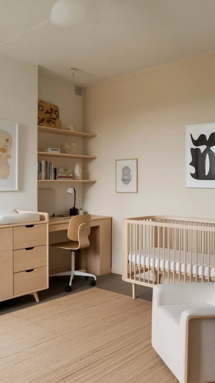 This minimalist nursery harmoniously combines serene aesthetics and practical organization, creating a stylish haven for both parent and child.