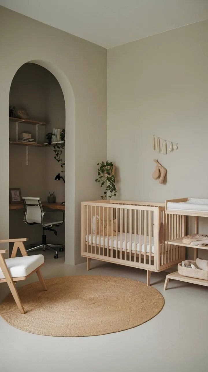 This serene nursery blends minimalist design with practical features, offering a tranquil retreat for both baby and parent.
