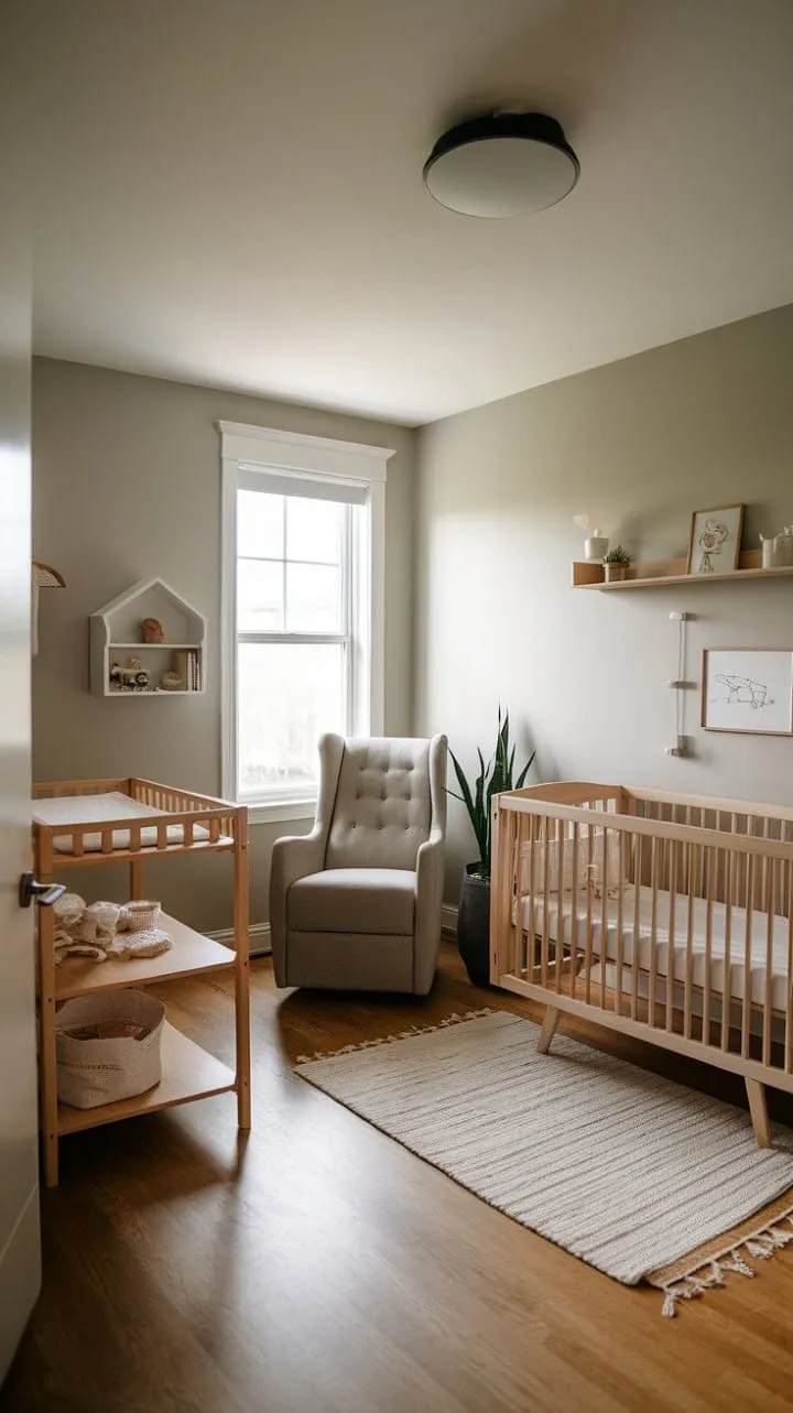 This enchanting gender-neutral nursery, adorned with natural wood furniture, creates a peaceful haven for both parent and child.