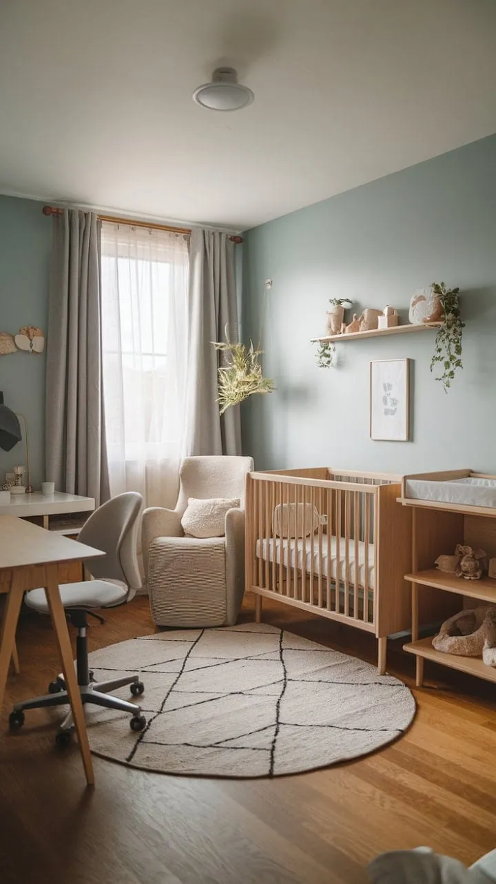 This minimalist nursery harmoniously combines serene aesthetics with smart organization, offering a tranquil retreat for both parent and child.