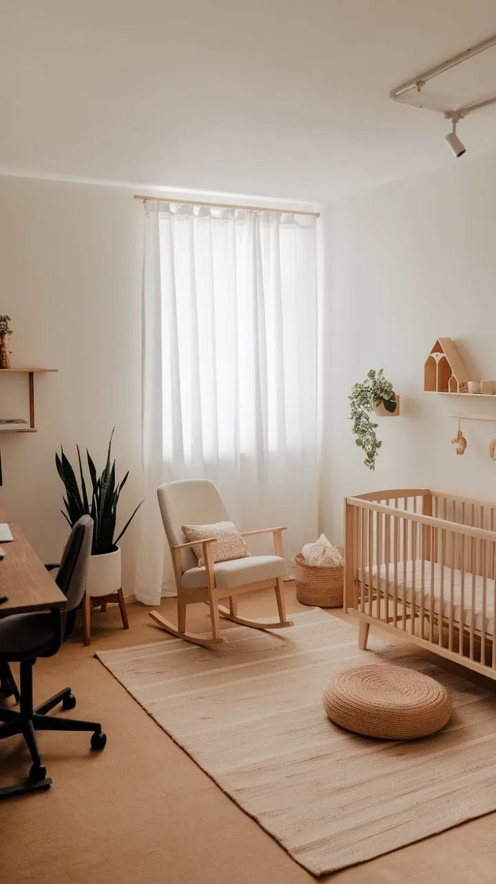 This nursery masterfully blends a serene sanctuary for baby with a functional workspace for parents, harmonizing nurturing and productivity in a calming, nature-inspired setting.