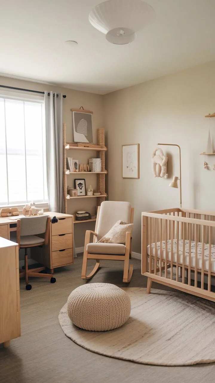 This beautifully crafted nursery harmoniously blends serene simplicity with practical features, including natural wood accents, a cozy reading nook, and a smartly integrated office area to foster growth for both parent and child.