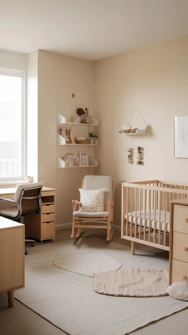 A tranquil retreat harmoniously fuses minimalist design and modern functionality, featuring natural wood furniture and soft hues for a serene nursery-workspace blend.