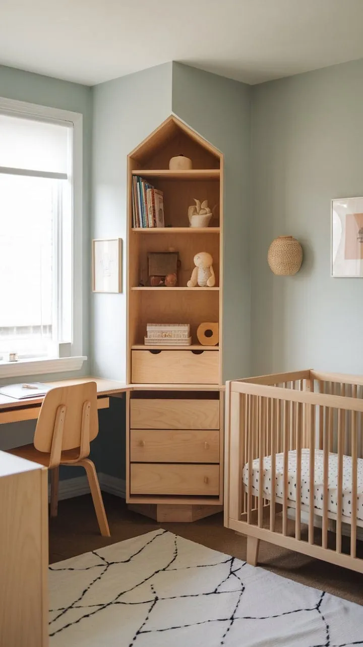 This minimalist nursery harmoniously combines comfort and practicality with natural wood furniture, soft blue walls, and a dedicated workspace, creating a serene haven for both parent and child.
