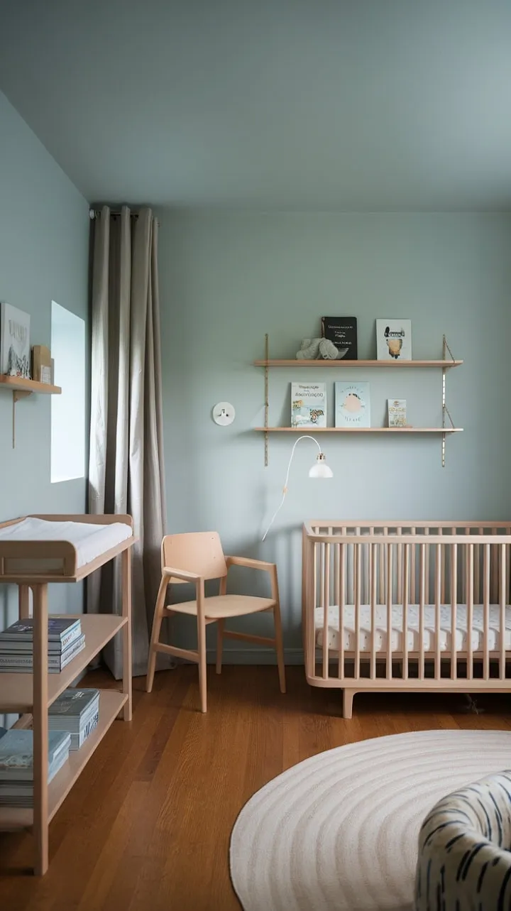 This tranquil minimalist nursery, adorned in calming blue and natural wood, provides a serene haven for the newest family member's peaceful rest and growth.