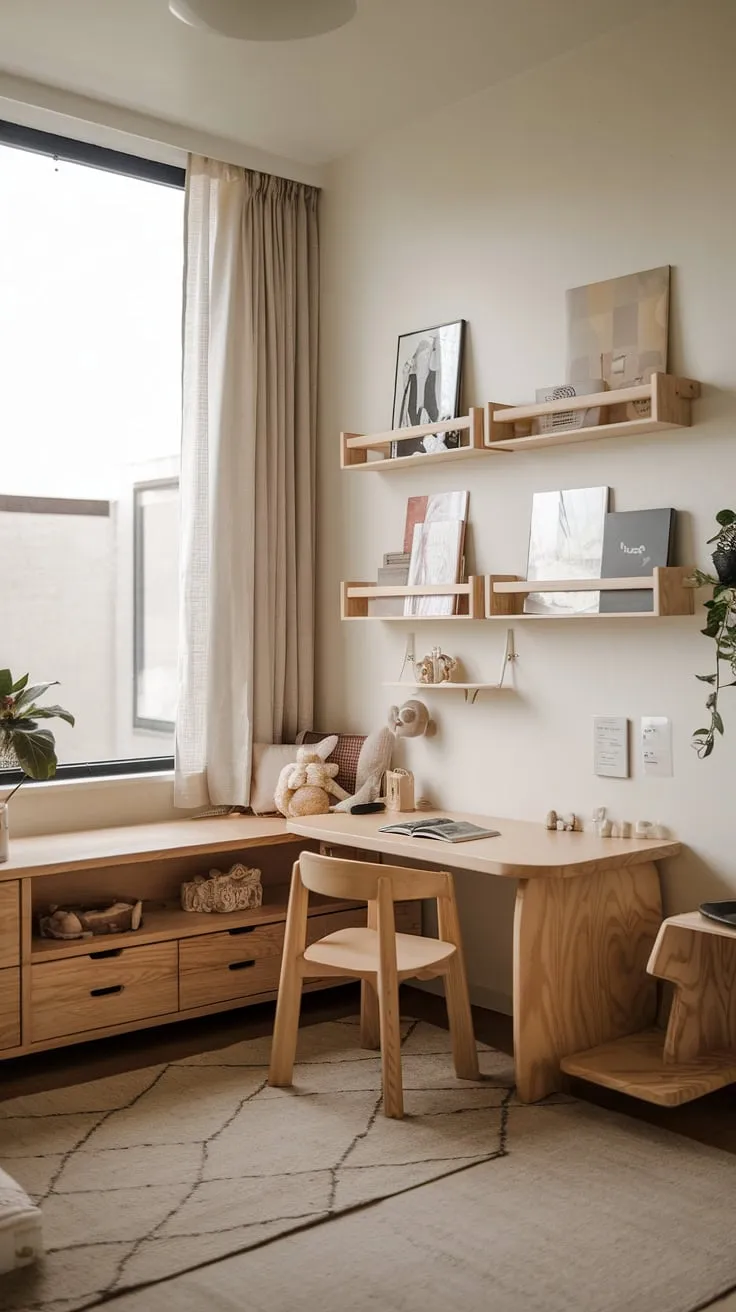This gender-neutral nursery is a testament to simple elegance. A dedicated workspace tucked into the corner encourages early exploration and independent play, while the natural light and calming decor create a serene atmosphere. A space where imagination flourishes and dreams take flight.