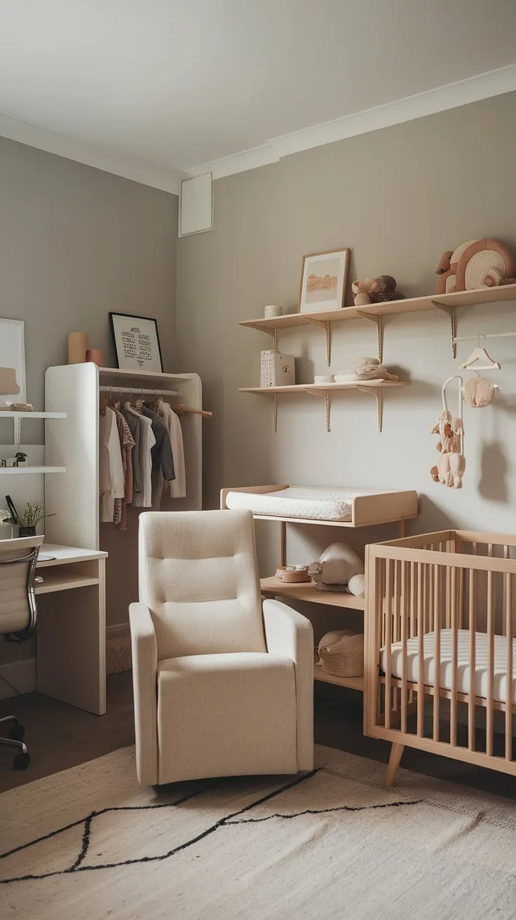 This gender-neutral nursery is a testament to thoughtful design. The soft grey walls, natural wood accents, and comfortable seating create a haven of calm. The integrated workspace allows for seamless multitasking, making this more than just a nursery-it's a parent's retreat. A space where nurturing and productivity coexist beautifully.