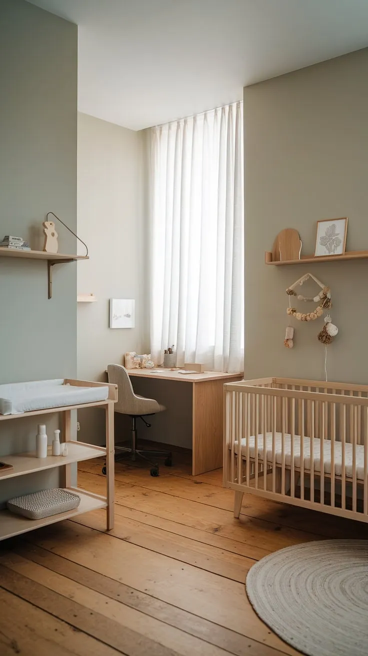 A thoughtfully designed nursery, showcasing a gender-neutral aesthetic with natural wood furniture and a cleverly integrated workspace. The soft gray walls and ample natural light create a calming atmosphere, perfect for nurturing a little one. A space where functionality meets tranquility.