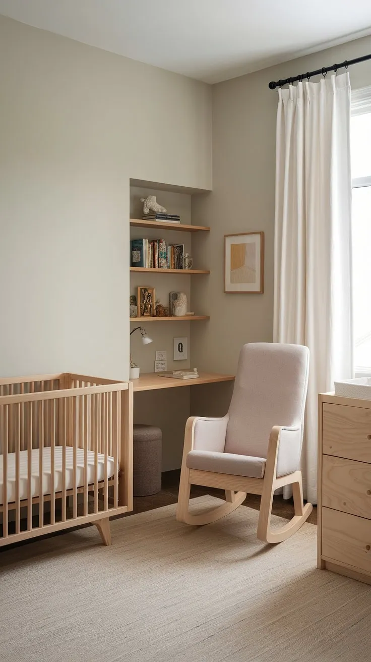 Serene simplicity defines this nursery, a haven of calm crafted with natural wood and soft grey walls. The thoughtfully designed space, complete with a cozy rocking chair and a dedicated learning corner, ensures a peaceful environment for both parent and child. A perfect blend of functionality and style, it's a testament to minimalist design.