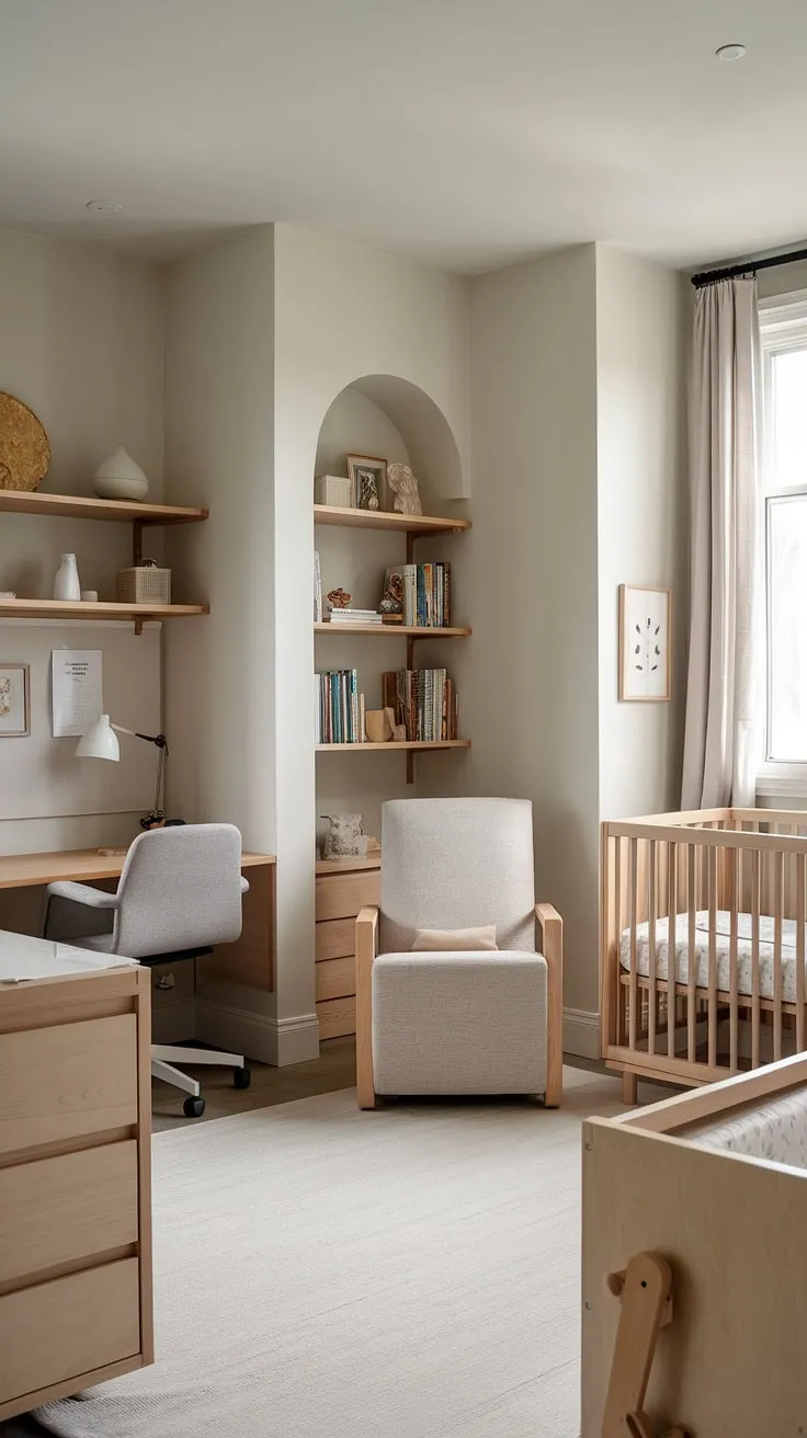 A calming sanctuary where parenthood meets productivity. Natural wood tones and a soft gray palette create a minimalist nursery that seamlessly blends baby's space with a dedicated work area, ensuring a peaceful environment for both parent and child. The thoughtful design prioritizes functionality and serenity, making it the perfect haven for new beginnings.
