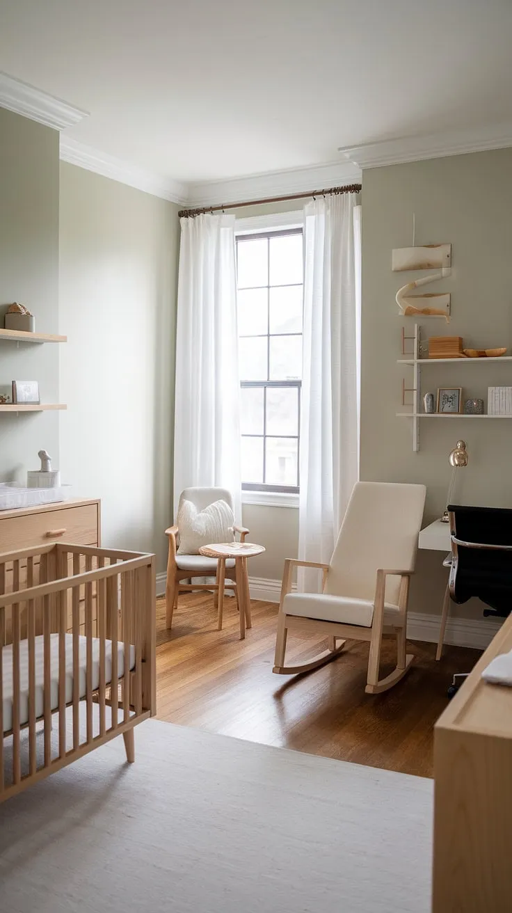 This thoughtfully designed nursery showcases the beauty of simplicity. Natural wood furniture, a dedicated office space for parents, and a charming reading nook all come together in a harmonious blend of functionality and style, creating a space that's both calming and inspiring for years to come. The soft grey walls and hardwood floors complete the serene ambiance.