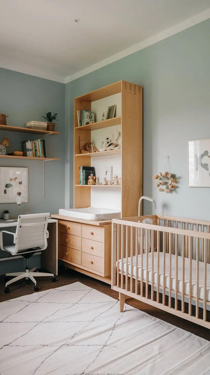 Serene and functional, this minimalist nursery seamlessly blends style and practicality. The light blue walls and natural wood furniture create a calming atmosphere, while the dedicated workspace ensures parents can easily manage tasks. A perfect blend of comfort and organization for both baby and caregiver.