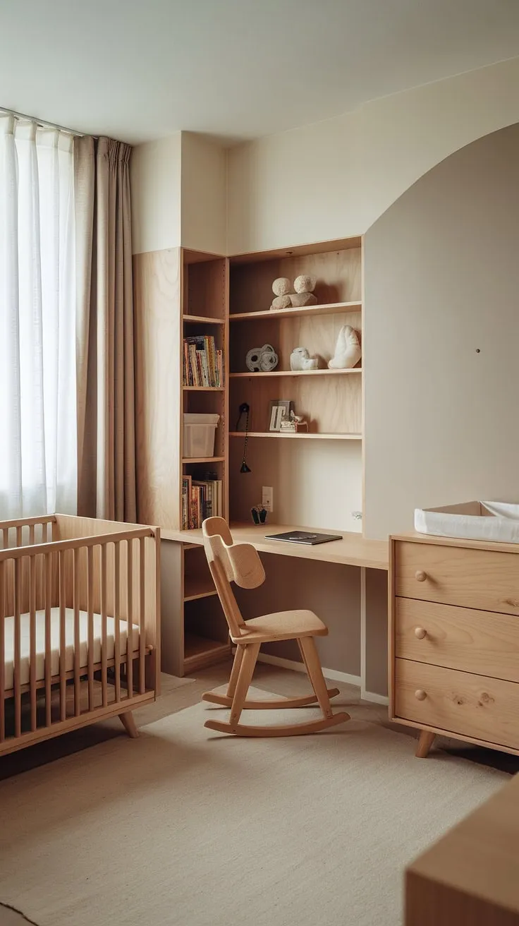 A haven of calm and functionality, this minimalist nursery seamlessly blends natural wood furniture with a soothing beige and grey palette. The integrated workspace offers a dedicated area for parents, creating a tranquil environment for both baby and caregiver. A perfect blend of style and practicality.