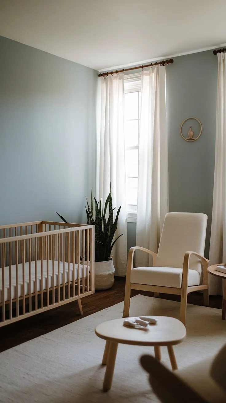 A calming sanctuary awaits. This gender-neutral nursery, featuring a natural wood crib and soft blue walls, is designed for peaceful slumber and quiet moments. The minimalist aesthetic, accented by a simple chair and small table, creates a space both stylish and functional. A perfect beginning.
